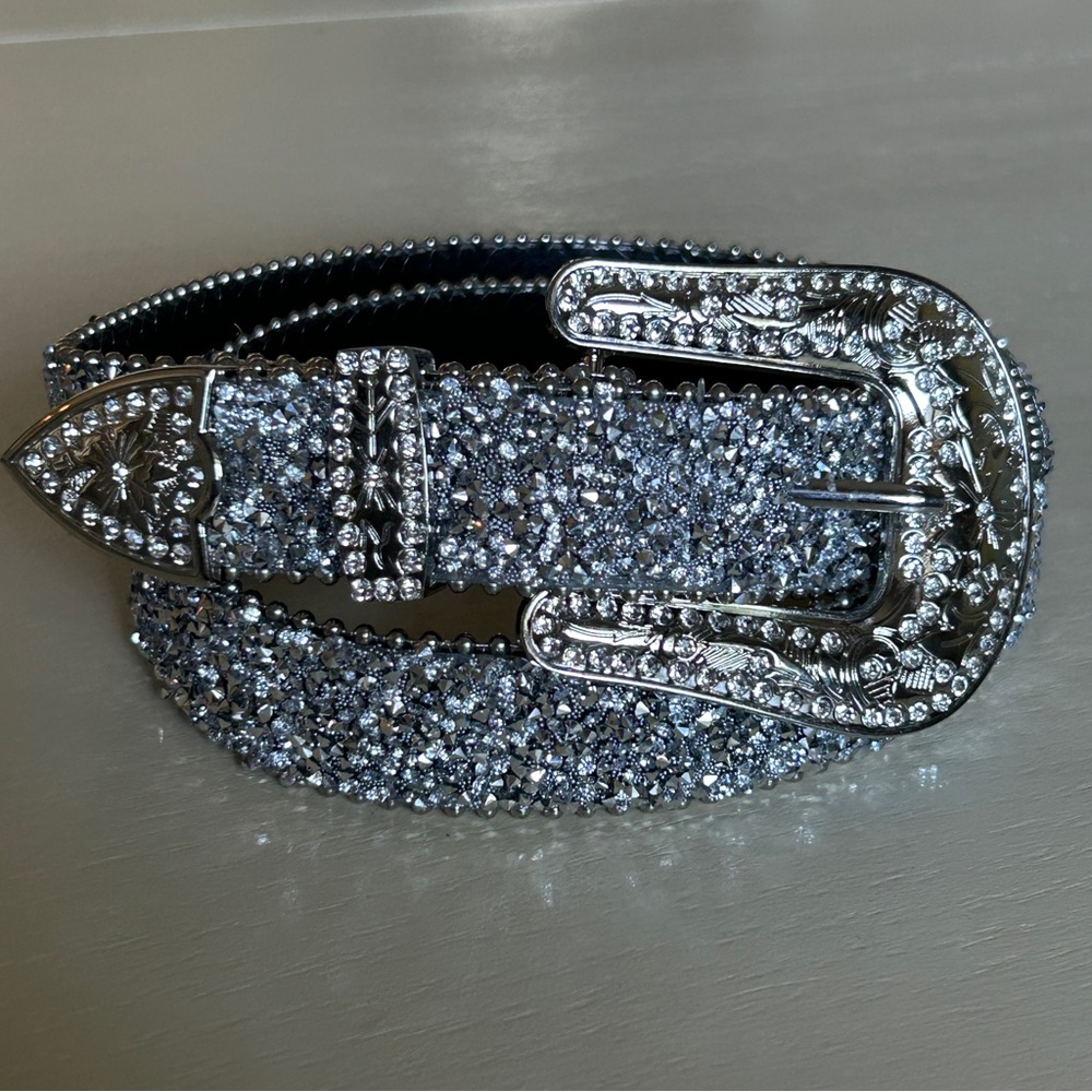 Sparkling Silver Western Belt with Rhinestone Buckle (31” - 35”)